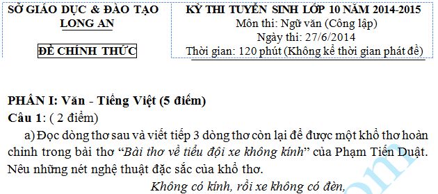 Đề thi vào lớp 10 môn Văn năm 2014 -  Long An