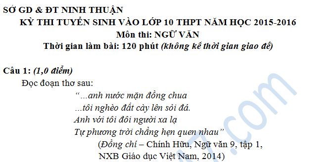 Đề thi vào lớp 10 môn Văn năm 2015 -  Ninh Thuận