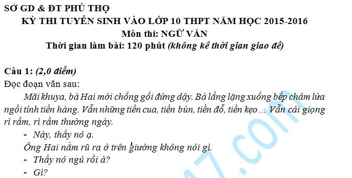 Đề thi vào lớp 10 môn Văn năm 2015 -  Phú Thọ