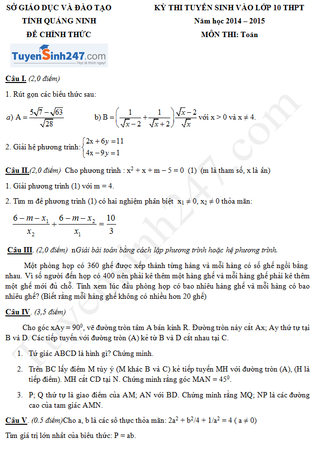 Đề thi vào lớp 10 môn Toán 2014 tỉnh Quảng Ninh