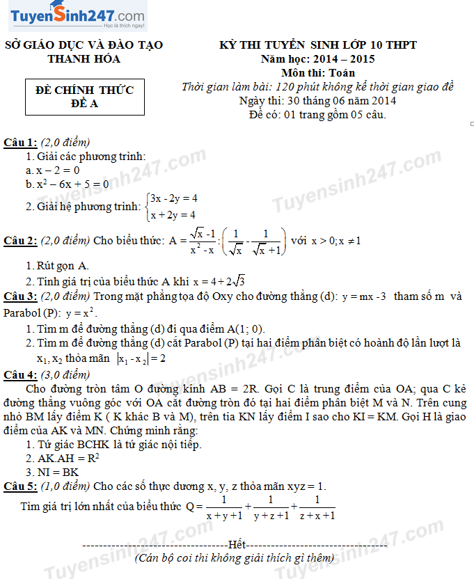 Đề thi vào lớp 10 môn Toán 2014 Thanh Hóa