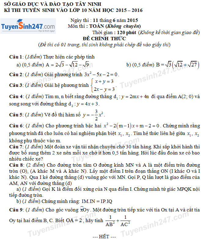 Đề thi tuyển sinh lớp 10 môn Toán tỉnh Tây Ninh năm 2015