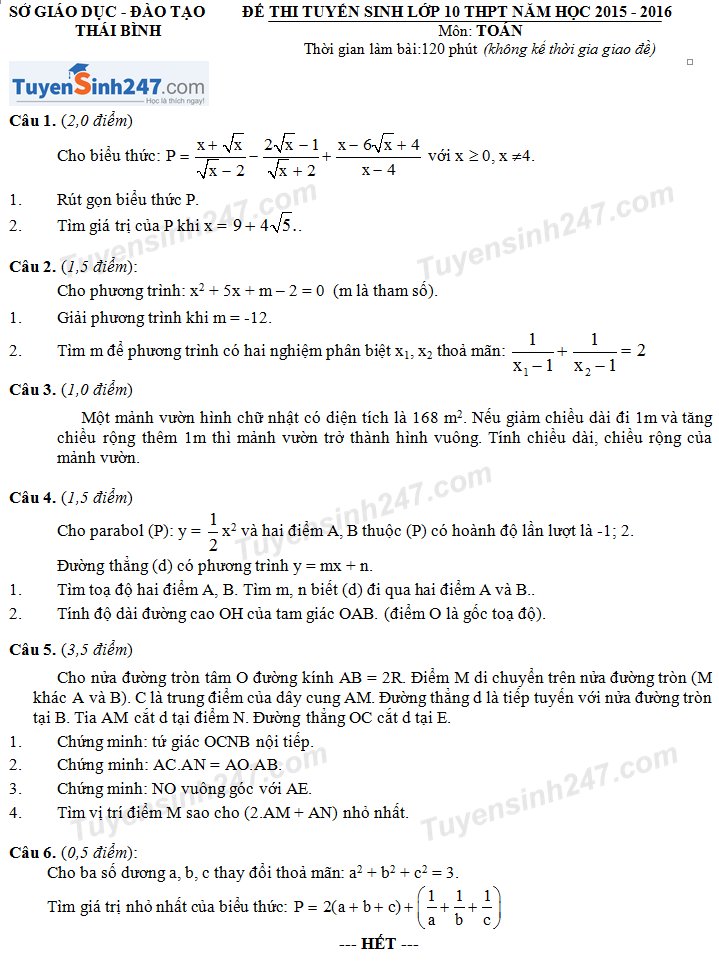 Đề thi vào lớp 10 môn Toán 2015 tỉnh Thái Bình