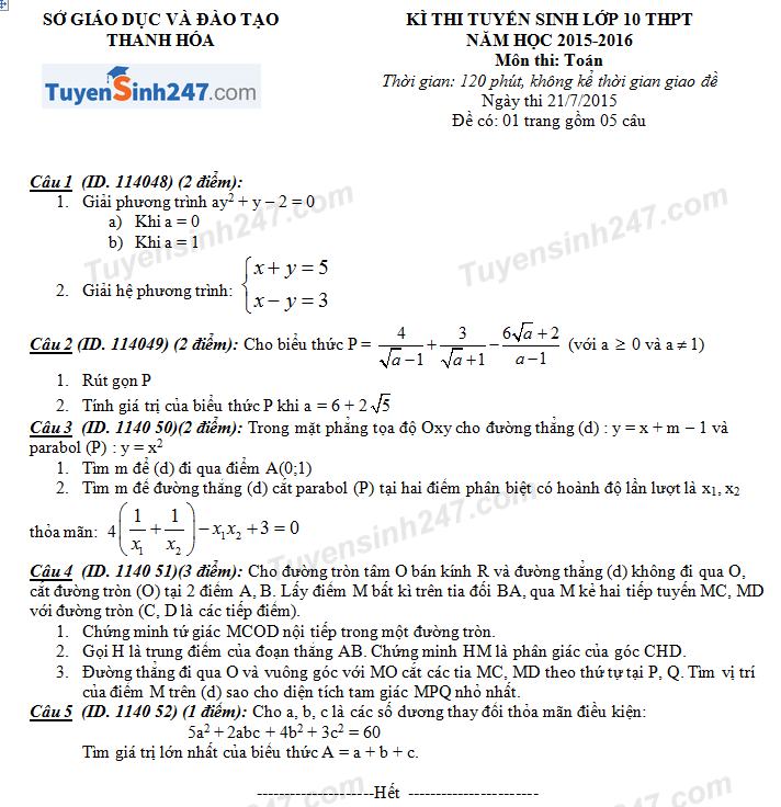 Đề thi vào lớp 10 môn Toán 2015 tỉnh Thanh Hóa