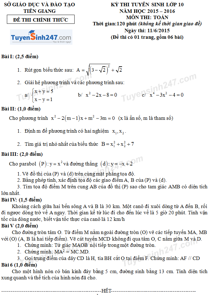 Đề thi tuyển sinh lớp 10 môn Toán 2015 Tiền Giang