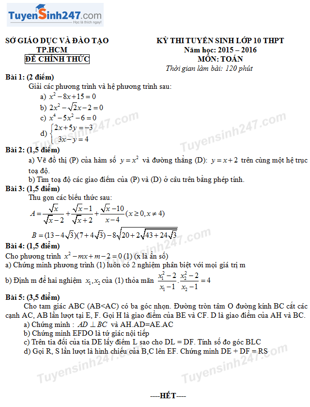 Đề thi vào lớp 10 môn Toán Sở GD TPHCM năm 2015