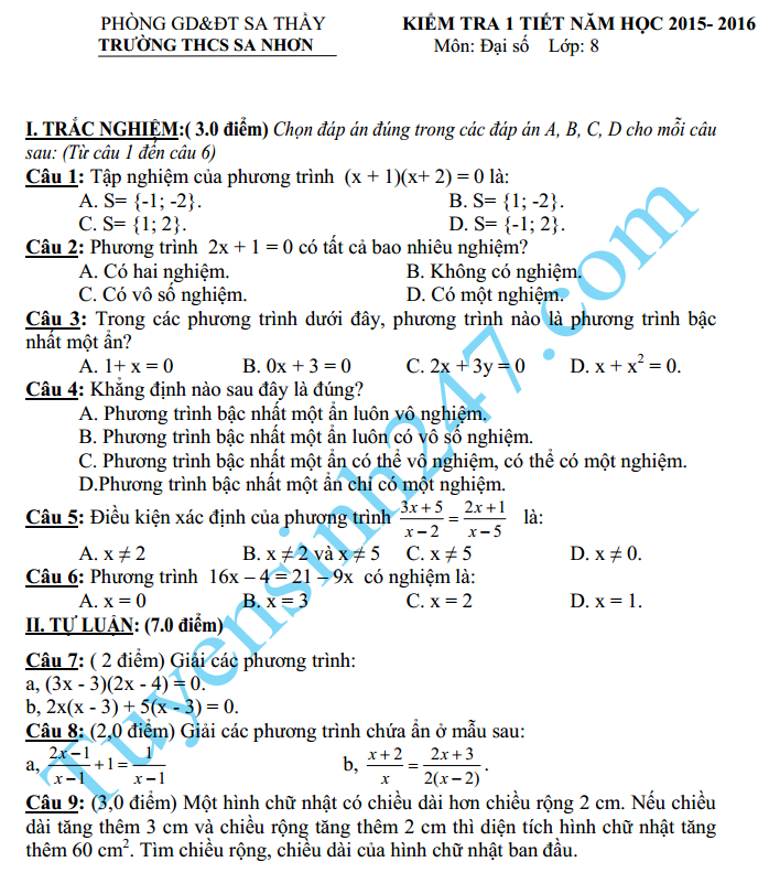 Đề kiểm tra 1 tiết HK2 môn Toán Đại số lớp 8 – THCS Sa Nhơn 2016