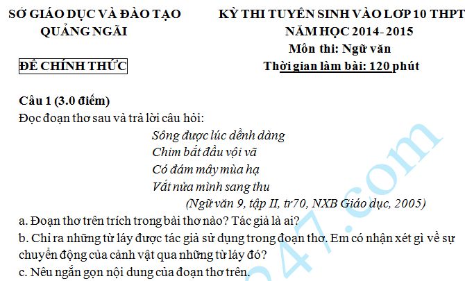 Đề thi vào lớp 10 môn Văn năm 2014 -  Quảng Ngãi