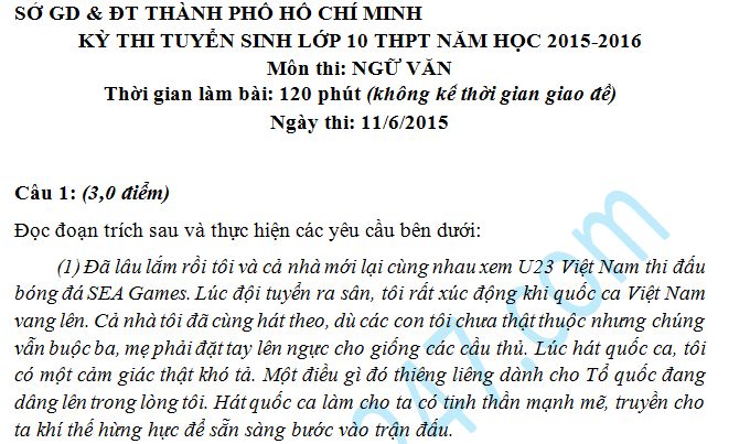 Đề thi vào lớp 10 môn Văn năm 2015 TP Hồ Chí Minh