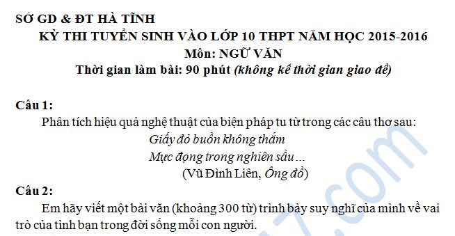 Đề thi vào lớp 10 môn Văn năm 2015 -  Sở GD & ĐT TP Hà Tĩnh