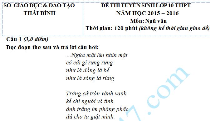 Đề thi vào lớp 10 môn Văn năm 2015 -  Thái Bình