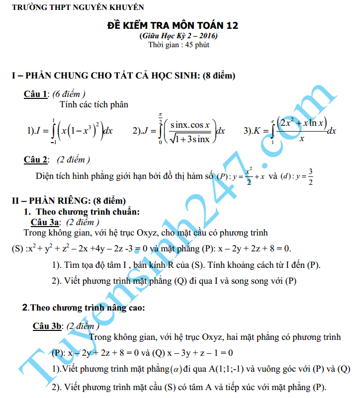 Đề thi giữa học kì 2 lớp 12 môn Toán 2016 – THPT Nguyễn Khuyến