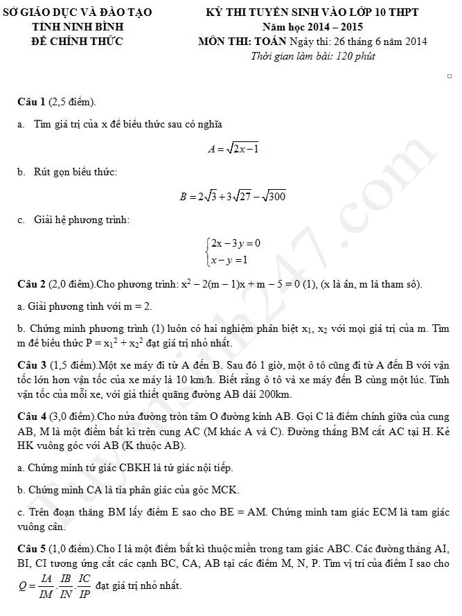 Đề thi tuyển sinh vào lớp 10 môn Toán tỉnh Ninh Bình 2014