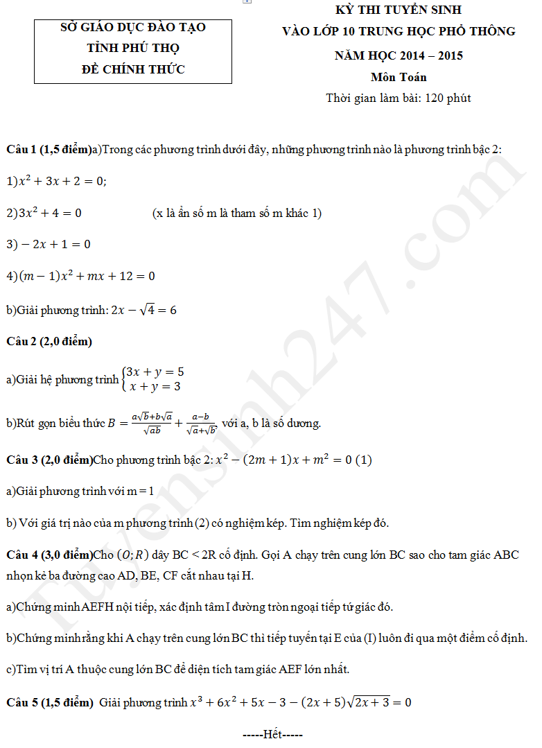 Đề thi vào lớp 10 môn Toán 2014 tỉnh Phú Thọ