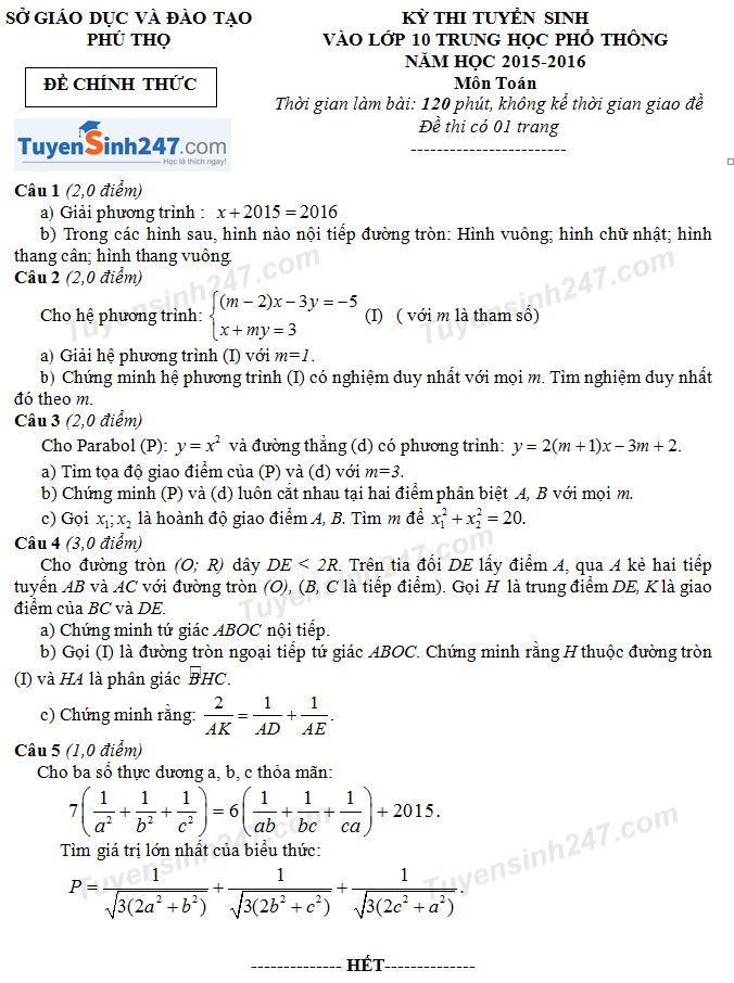 Đề thi tuyển sinh lớp 10 môn Toán tỉnh Phú Thọ 2015