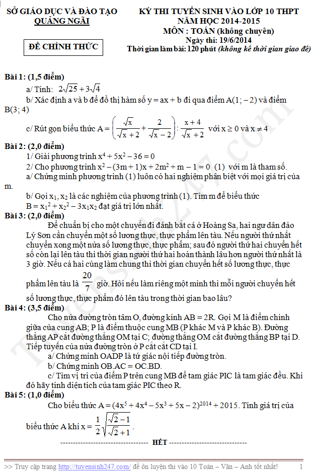 Đề thi vào lớp 10 môn Toán Quảng Nam 2014