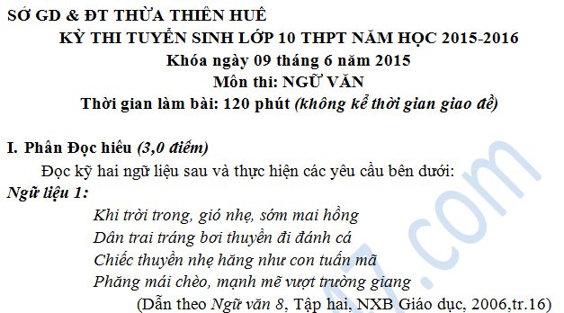 Đề thi vào lớp 10 môn Văn năm 2015 -  Thừa Thiên Huế