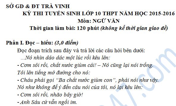 Đề thi vào lớp 10 môn Văn Sở GD & ĐT Trà Vinh năm 2015