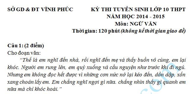 Đề thi vào lớp 10 môn Văn Sở GD & ĐT Vĩnh Phúc năm 2014