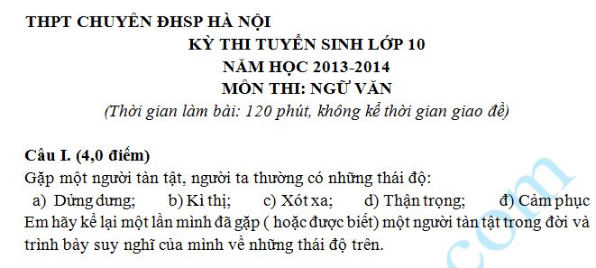 Đề thi vào lớp 10 môn Văn THPT Chuyên ĐHSP hà nội năm 2013