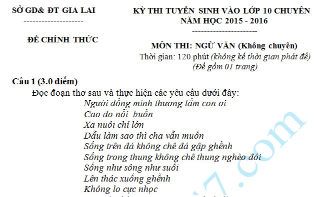 Đề thi vào lớp 10 môn Văn  năm 2015 - Gia Lai