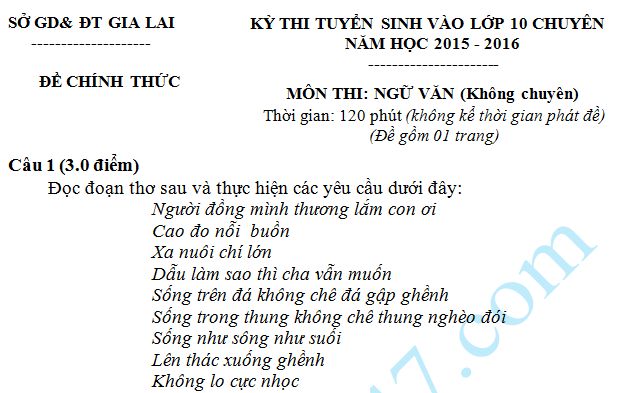 Đề thi vào lớp 10 môn Văn THPT Chuyên  năm 2015 - Gia Lai