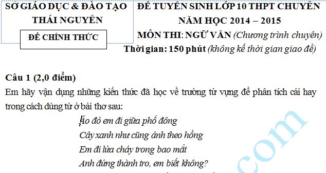 Đề thi vào lớp 10 môn Văn  năm 2014 - Thái Nguyên