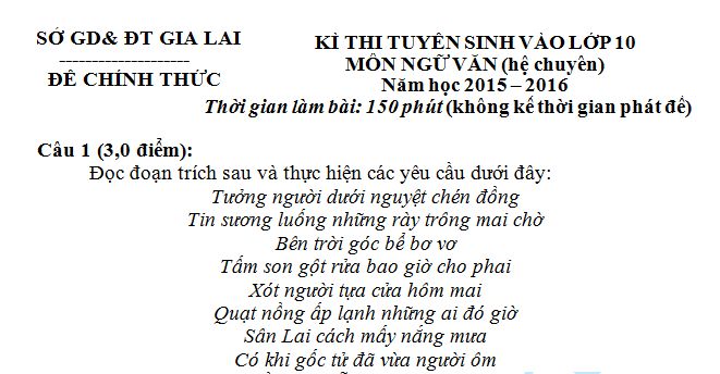 Đề thi vào lớp 10 THPT chuyên môn Văn - Gia Lai 2015