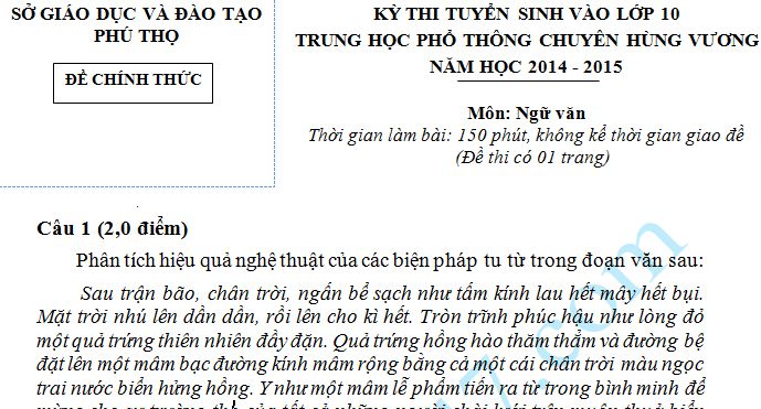 Đề thi vào lớp 10 THPT chuyên Hùng Vương môn Văn - Phú Thọ 2014