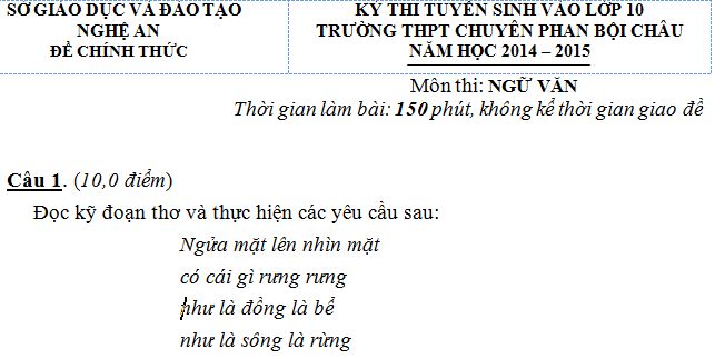 Đề thi vào lớp 10 môn Văn - THPT Chuyên Phan Bội Châu 2014