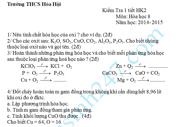 Đề kiểm tra 1 tiết HK2 năm 2015 môn Hóa 8 – THCS Hòa Hội