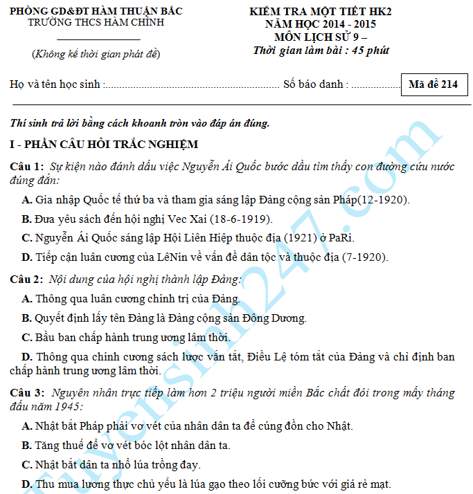 Đề kiểm tra 1 tiết HK2 môn Sử lớp 9 – THCS Hàm Chính 2015