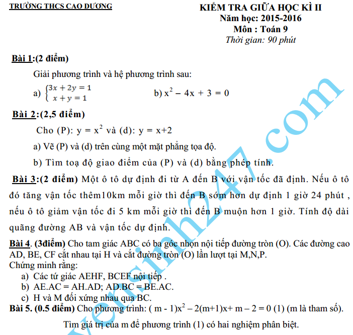 Đề thi giữa học kì 2 môn Toán lớp 9 – THCS Cao Dương 2016