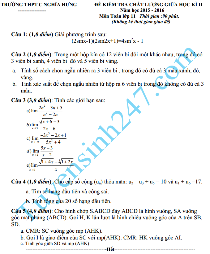 Đề thi giữa học kì 2 lớp 11 môn Toán năm 2016 –THPT Nghĩa Hưng C