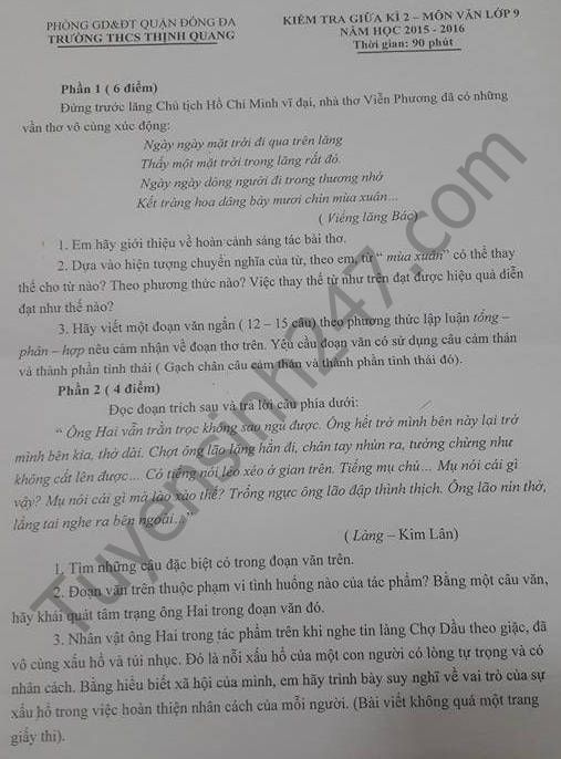 Đề thi giữa học kì 2 năm 2016 lớp 9 môn Văn – THCS Thịnh Quang
