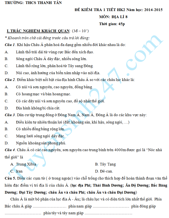 Đề kiểm tra 1 tiết HK2 môn Địa 8 năm 2015 – THCS Thanh Tân
