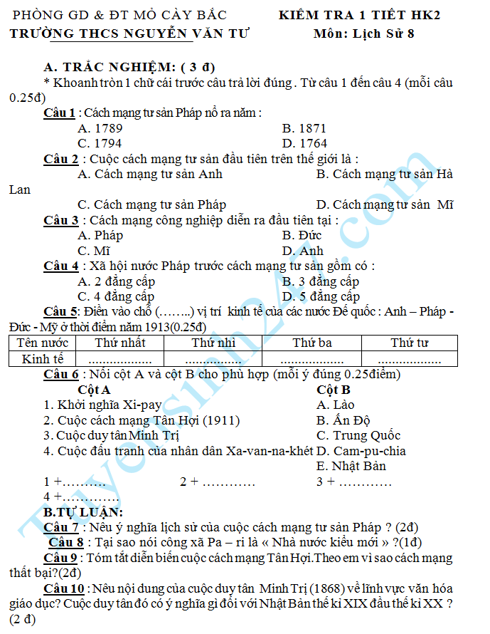 Đề kiểm tra 1 tiết HK2 môn Sử 8 – THCS Nguyễn Văn Tư 2015