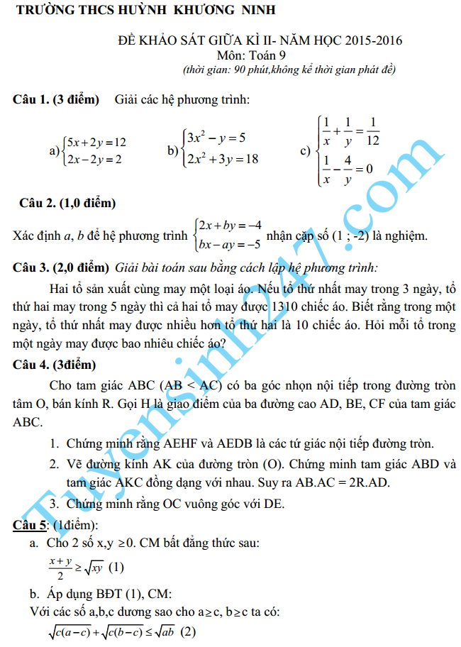 Đề thi giữa học kì 2 lớp 9 môn Toán 2016 – THCS Huỳnh Khương Ninh