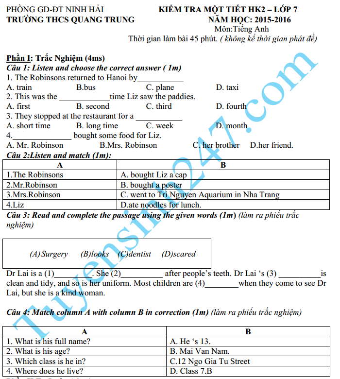 Đề kiểm tra 1 tiết HK2 lớp 7 môn Anh – THCS Quang Trung 2016