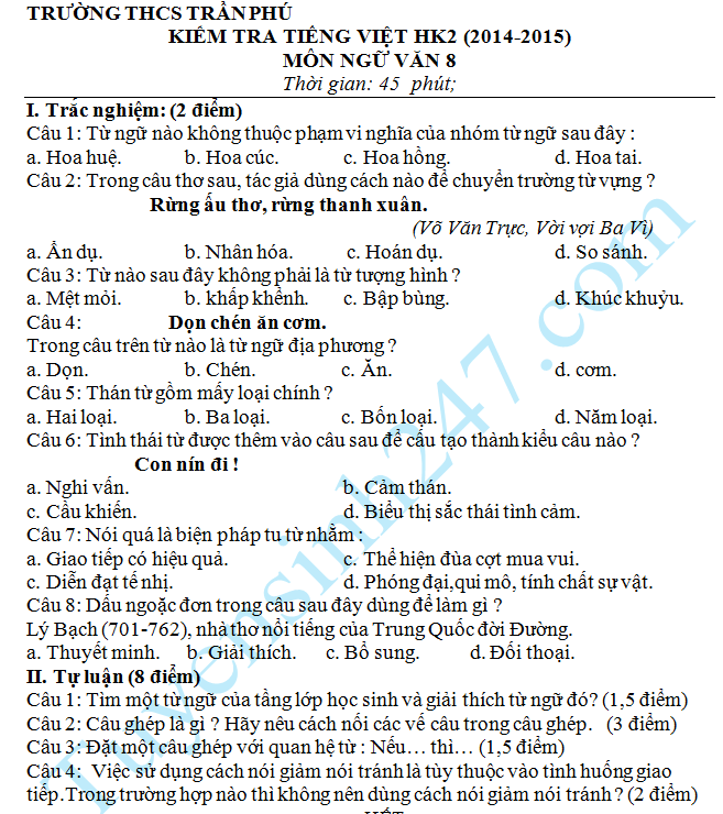 Đề kiểm tra 1 tiết môn Văn lớp 8 – THCS Trần Phú 2015