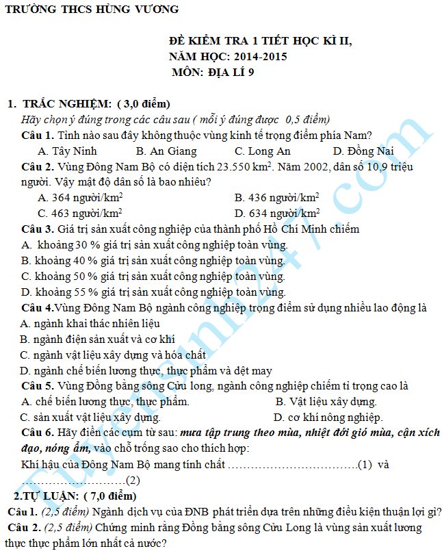 Đề kiểm tra 1 tiết HK2 năm 2015 môn Địa 9 – THCS Hùng Vương