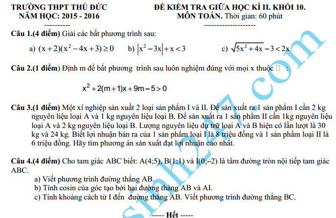 Đề thi giữa học kì 2 lớp 10 môn Toán – THPT Thủ Đức 2016