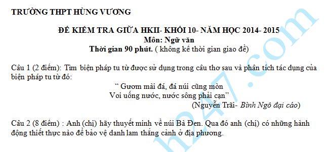 Đề thi giữa học kì 2 lớp 10 môn Văn – THPT Hùng Vương 2016