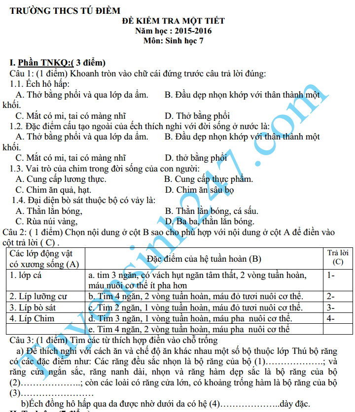 Đề kiểm tra 1 tiết HK2 môn Sinh 7 năm 2016 – THCS Tú Điềm