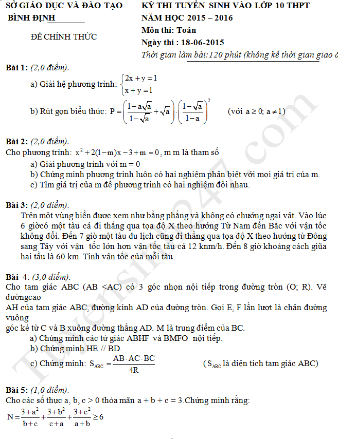 Đề thi vào lớp 10 môn Toán tỉnh Bình Định 2015