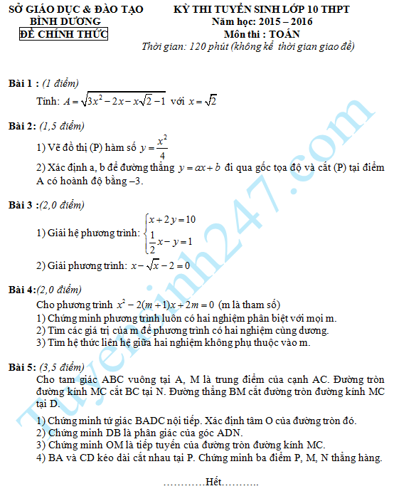 Đề thi tuyển sinh vào lớp 10 môn Toán 2015 Bình Dương