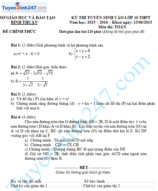 Đề thi vào lớp 10 môn Toán năm 2015 - Bình Thuận