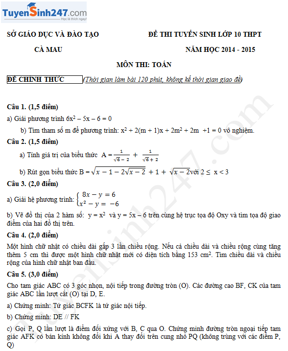 Đề thi vào lớp 10 môn Toán 2014 tỉnh Cà Mau