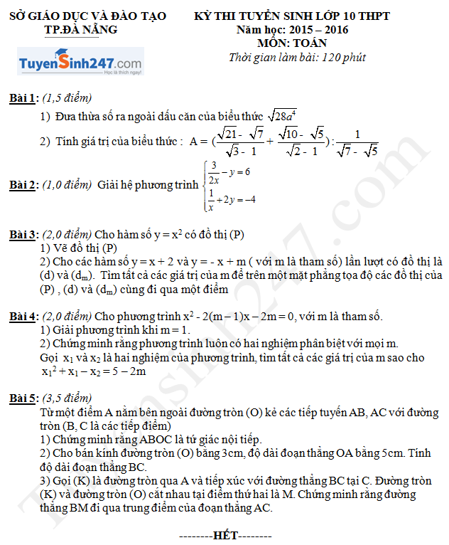 Đề thi tuyển sinh vào lớp 10 môn Toán 2015 Đà Nẵng