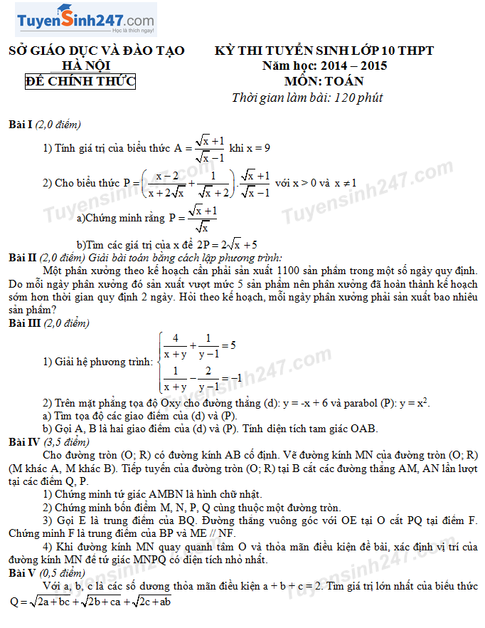 Đề thi vào lớp 10 môn Toán Hà Nội 2014